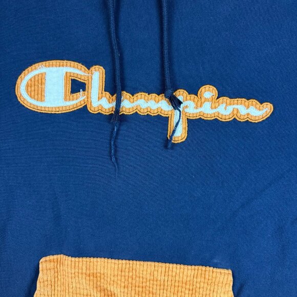 Champion Hoodie Men's Large Spell Out Corduroy Navy Blue Hood Sweatshirt Jumper - Picture 6 of 9